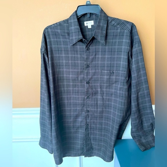 HAGGAR Men's Gray Plaid Collared Button Down Shirt Size XLT Business Casual Work - Picture 1 of 4